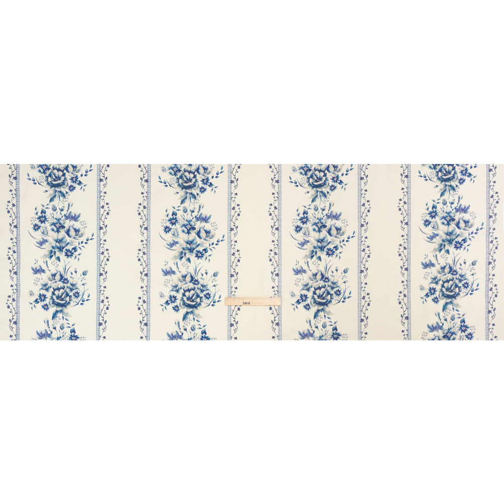 Brushed Stretch Cotton Twill Print - Navy and White Floral Stripes - Mood Exclusive Pathway to Paradise Full