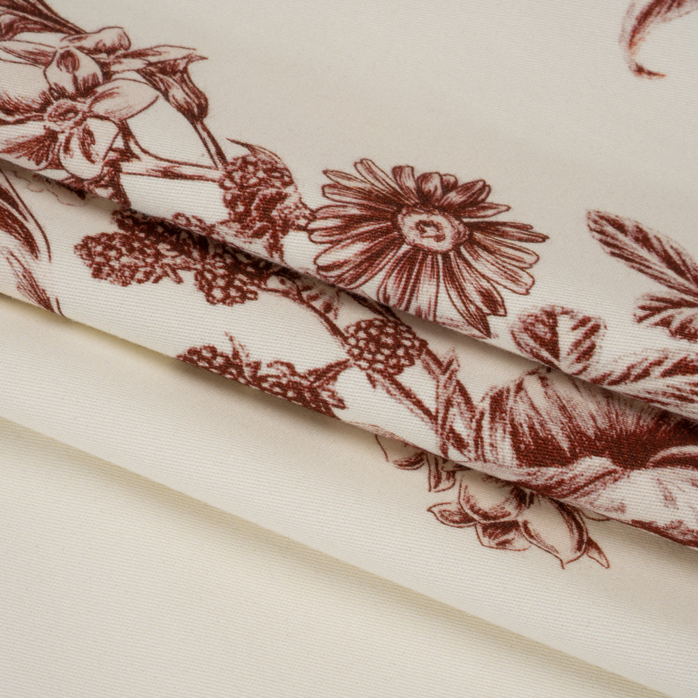 Brushed Stretch Cotton Twill Print - Cranberry Red and White Floral Border Stripes - Mood Exclusive Sanctuary Sketch Folded