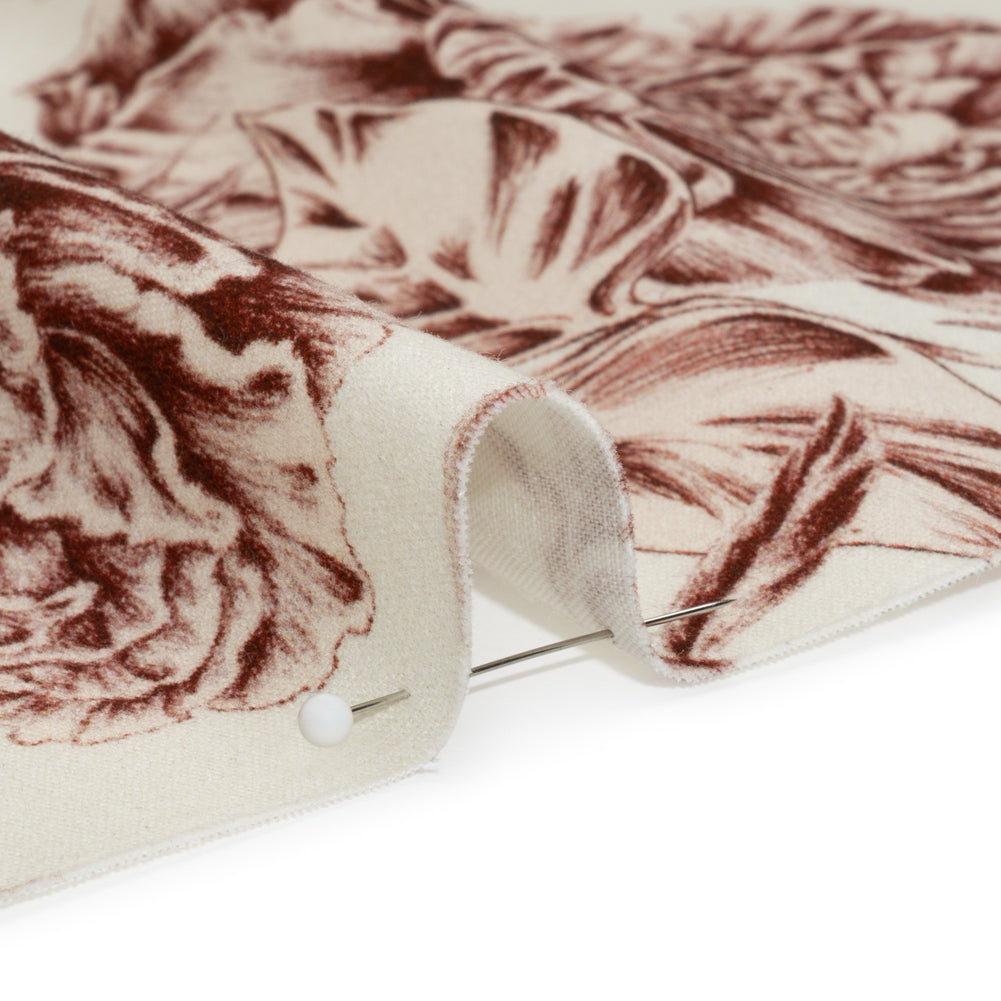Brushed Stretch Cotton Twill Print - Cranberry Red and White Floral Border Stripes - Mood Exclusive Sanctuary Sketch Detail