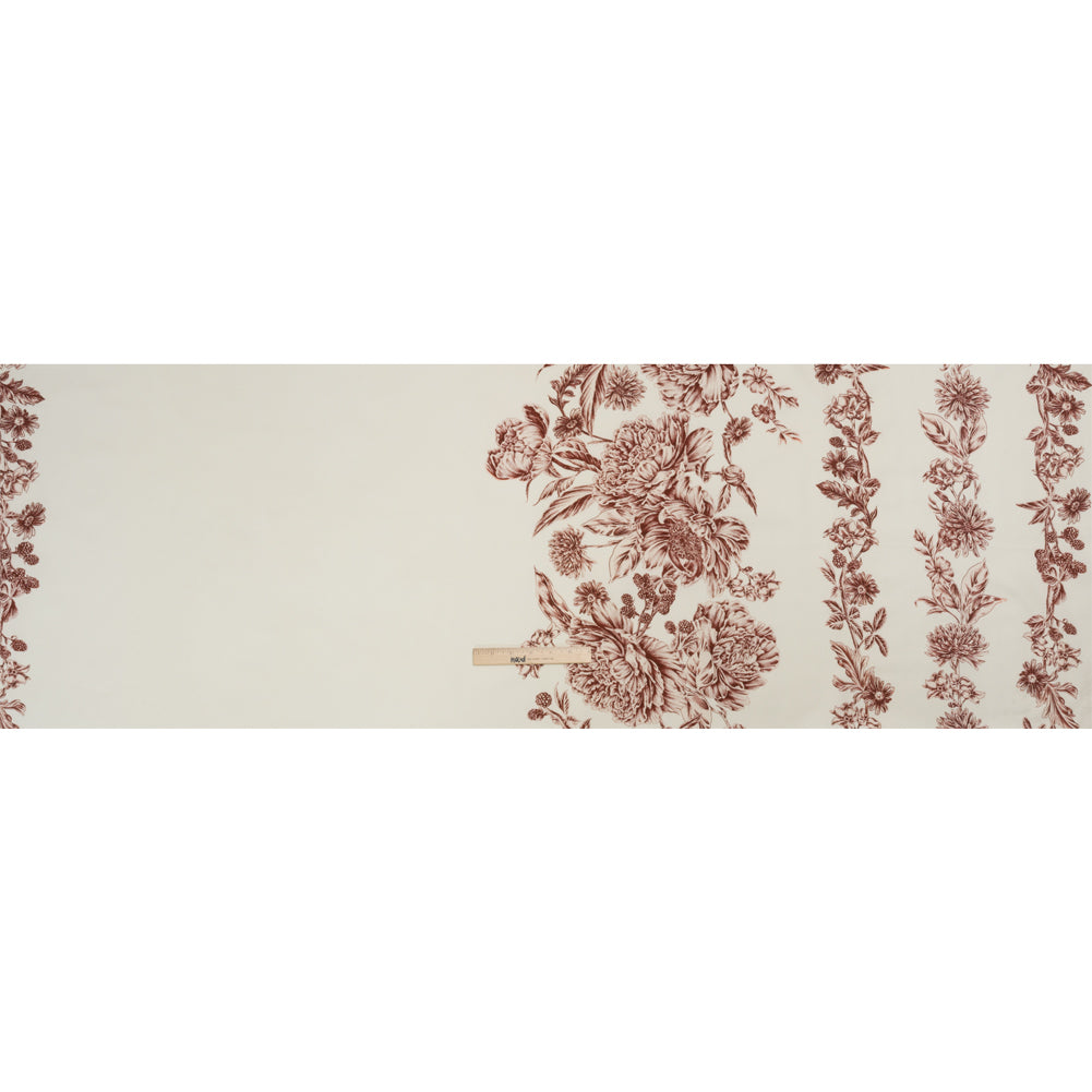 Brushed Stretch Cotton Twill Print - Cranberry Red and White Floral Border Stripes - Mood Exclusive Sanctuary Sketch Full