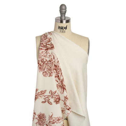 Brushed Stretch Cotton Twill Print - Cranberry Red and White Floral Border Stripes - Mood Exclusive Sanctuary Sketch Drape