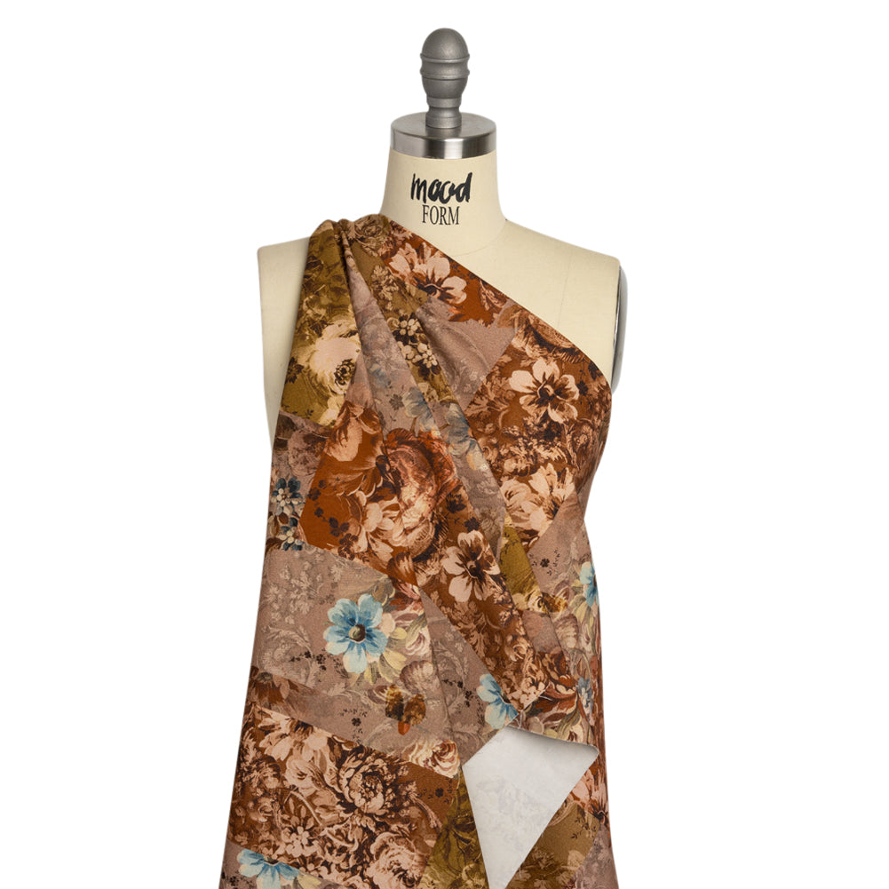 Brushed Stretch Cotton Twill Print - Rust and Olive Floral Patchwork - Mood Exclusive Vintage Vignettes Drape