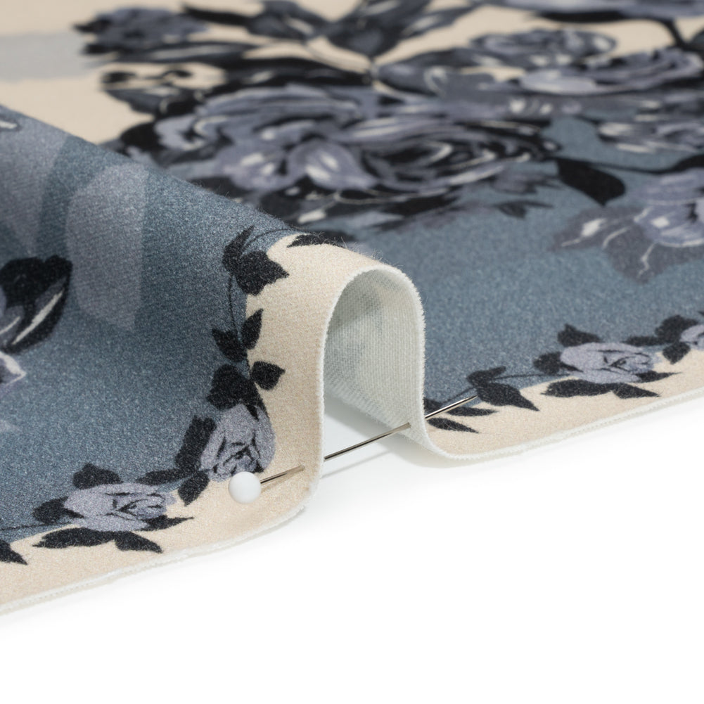 Brushed Stretch Cotton Twill Panel - Blue and Cream Roses - Mood Exclusive Space for Grace Detail
