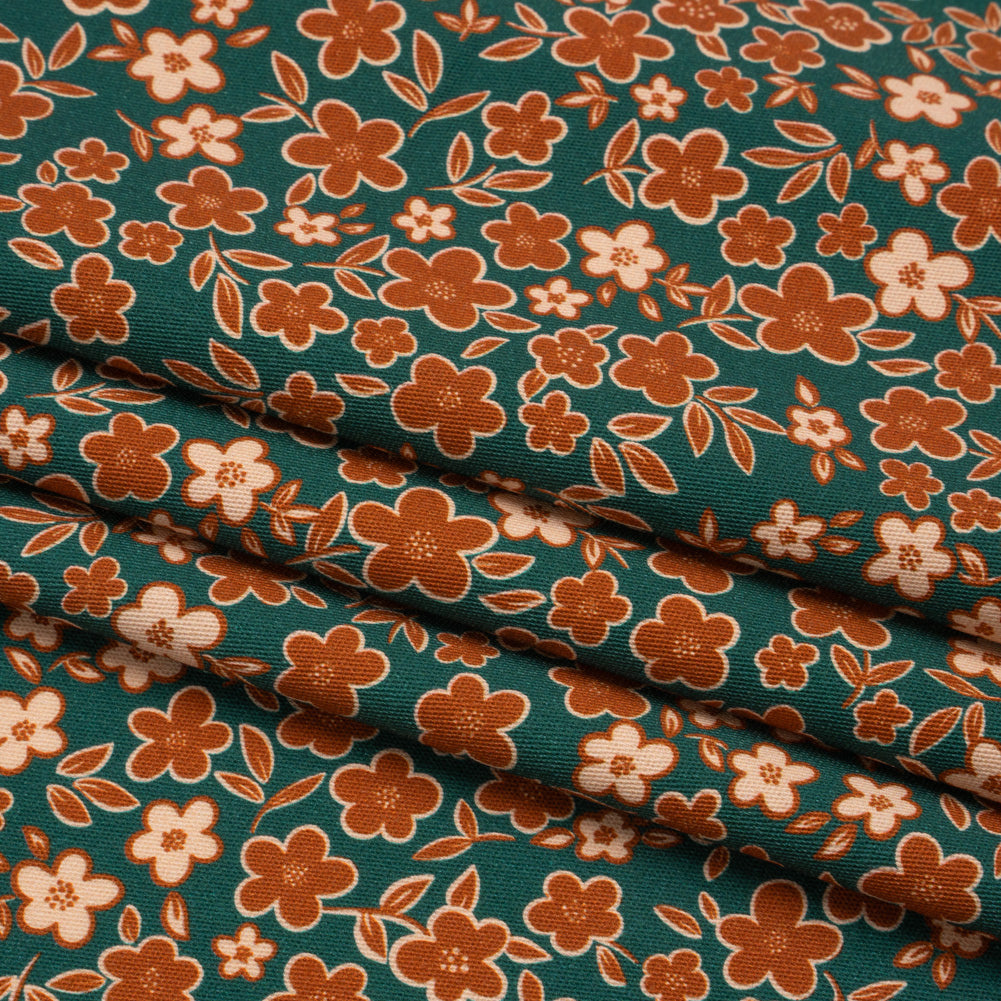 Stretch Cotton Twill Print - Teal, Rust and Peach Floral - Mood Exclusive September Sprouts Folded