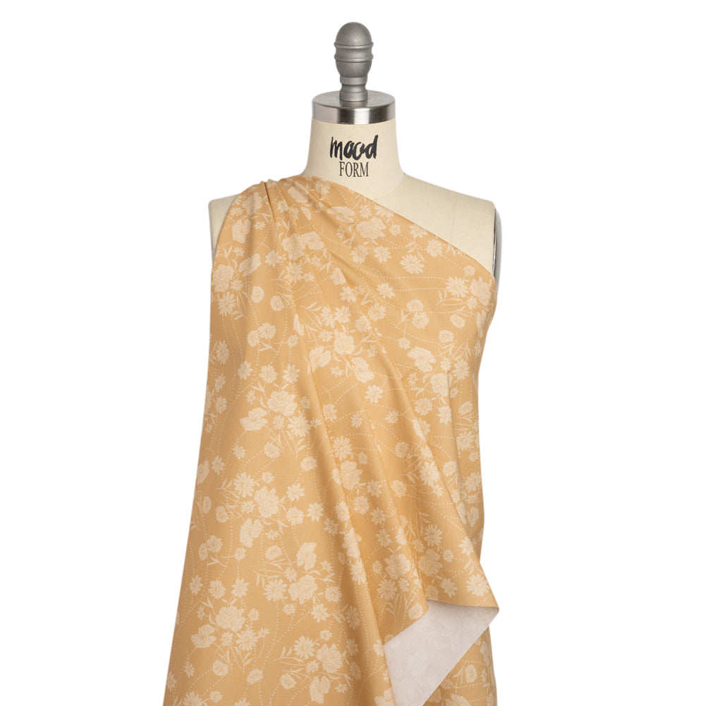 Stretch Cotton Poplin Print - Beige Flowers and Dotted Lines - Mood Exclusive Errands of Bees Drape