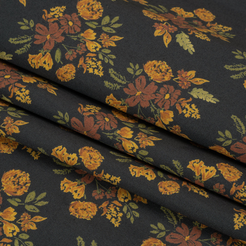 Stretch Cotton Poplin Print - Navy, Rust and Orange Floral - Mood Exclusive Amber Bunches Folded