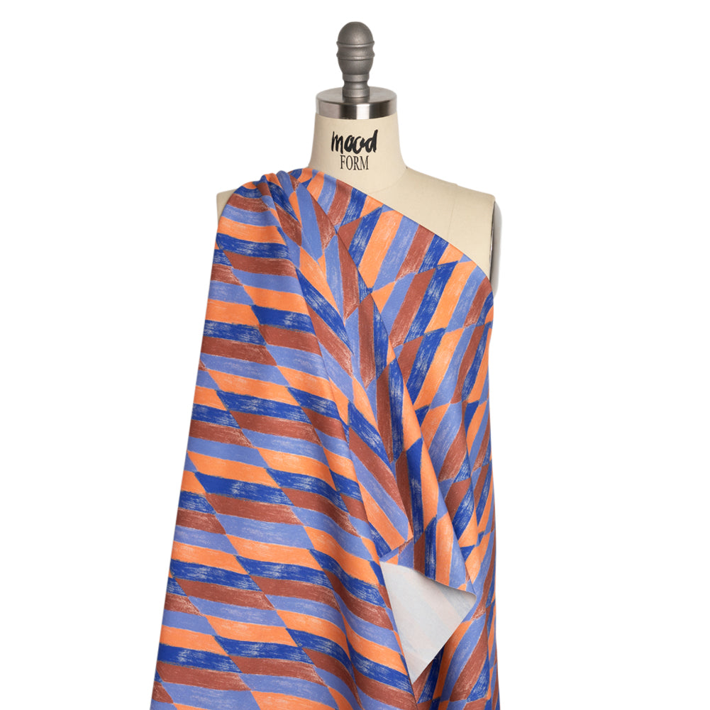 Stretch Cotton Twill Print - Blue and Orange Geometric - Mood Exclusive Checkerboard Chalk Drape