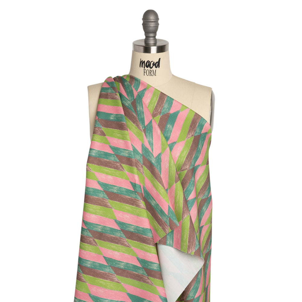 Stretch Cotton Twill Print - Green and Pink Geometric - Mood Exclusive Checkerboard Chalk Drape