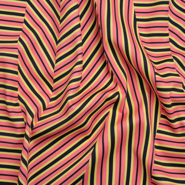 Stretch Cotton Twill Print - Pink, Yellow and Black Broken Stripes - Mood Exclusive Outta Line