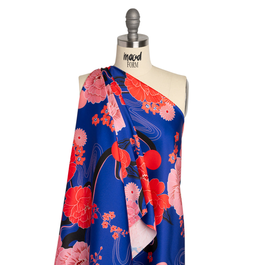 Recycled Polyester Twill - Blue and Pink Floral - Japanese Daydreams Print - Mood Exclusive Groove Collection Drape