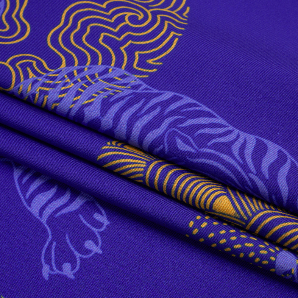 Recycled Polyester Twill Print - Blue and Yellow Tigers and Circles - Mood Exclusive Last Known Survivor Folded