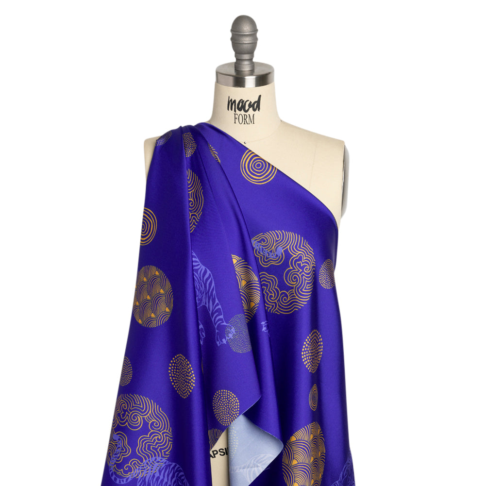 Recycled Polyester Twill Print - Blue and Yellow Tigers and Circles - Mood Exclusive Last Known Survivor Drape