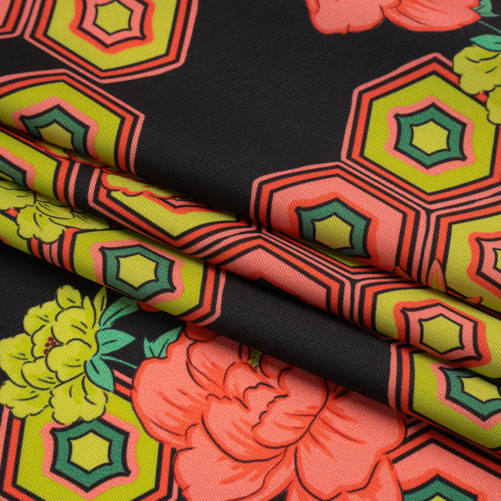 Recycled Polyester Twill Print - Black, Yellow and Coral Honeycomb Floral - Mood Exclusive Rose and Honey Folded