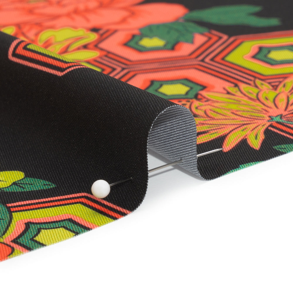 Recycled Polyester Twill Print - Black, Yellow and Coral Honeycomb Floral - Mood Exclusive Rose and Honey Detail