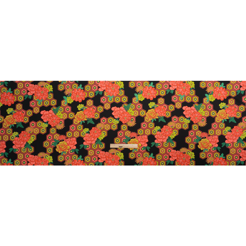 Recycled Polyester Twill Print - Black, Yellow and Coral Honeycomb Floral - Mood Exclusive Rose and Honey Full