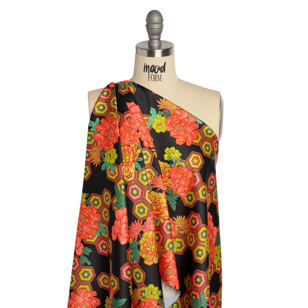 Recycled Polyester Twill Print - Black, Yellow and Coral Honeycomb Floral - Mood Exclusive Rose and Honey Drape