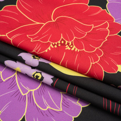 Recycled Polyester Twill - Black, Red and Purple Floral - Japanese Daydreams Print - Mood Exclusive Groove Collection Folded