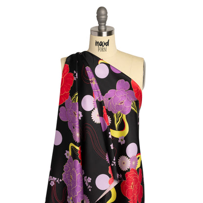 Recycled Polyester Twill - Black, Red and Purple Floral - Japanese Daydreams Print - Mood Exclusive Groove Collection Drape