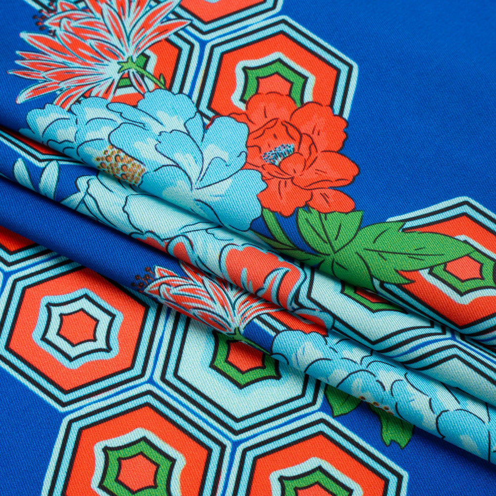 Recycled Polyester Twill Print - Blue, Green and Orange Honeycomb Floral - Mood Exclusive Rose and Honey Folded