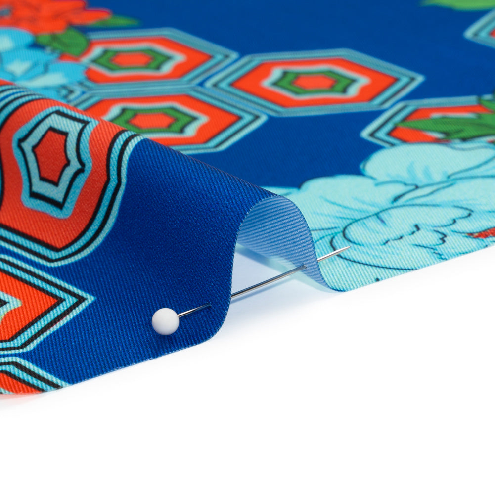Recycled Polyester Twill Print - Blue, Green and Orange Honeycomb Floral - Mood Exclusive Rose and Honey Detail