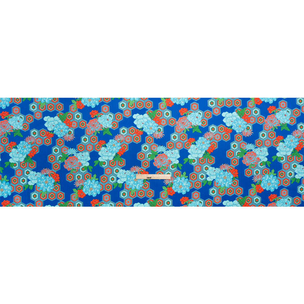 Recycled Polyester Twill Print - Blue, Green and Orange Honeycomb Floral - Mood Exclusive Rose and Honey Full
