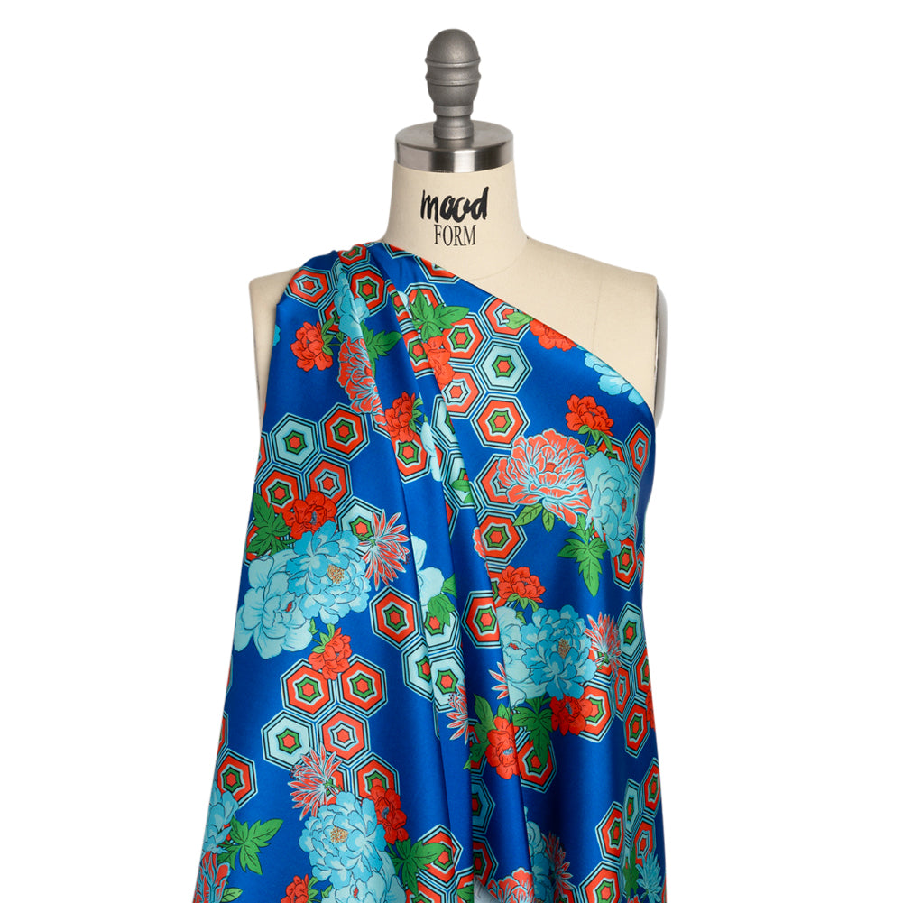 Recycled Polyester Twill Print - Blue, Green and Orange Honeycomb Floral - Mood Exclusive Rose and Honey Drape
