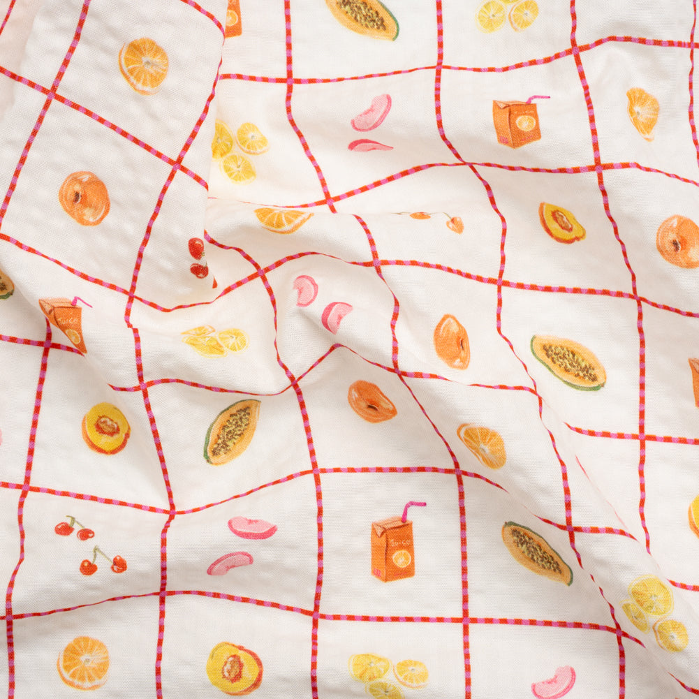 Cotton and Viscose Striped Seersucker Print - White Windowpane Checks and Fruit - Mood Exclusive Fruit Juice Jackpot