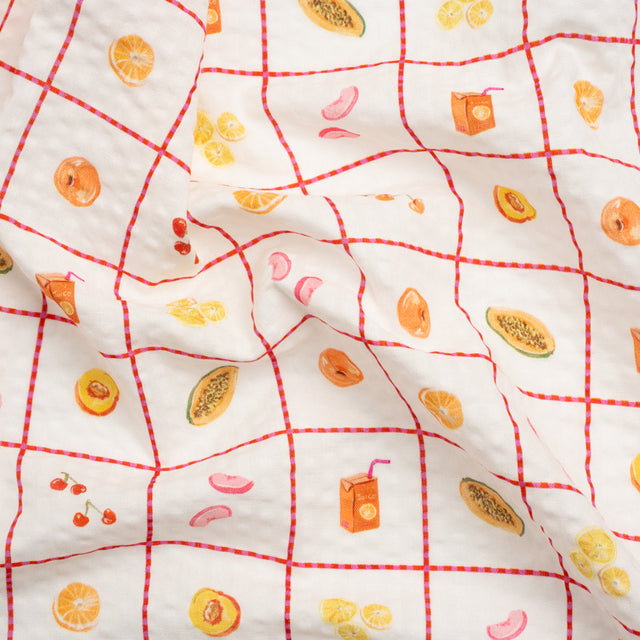 Cotton and Viscose Striped Seersucker Print - White Windowpane Checks and Fruit - Mood Exclusive Fruit Juice Jackpot