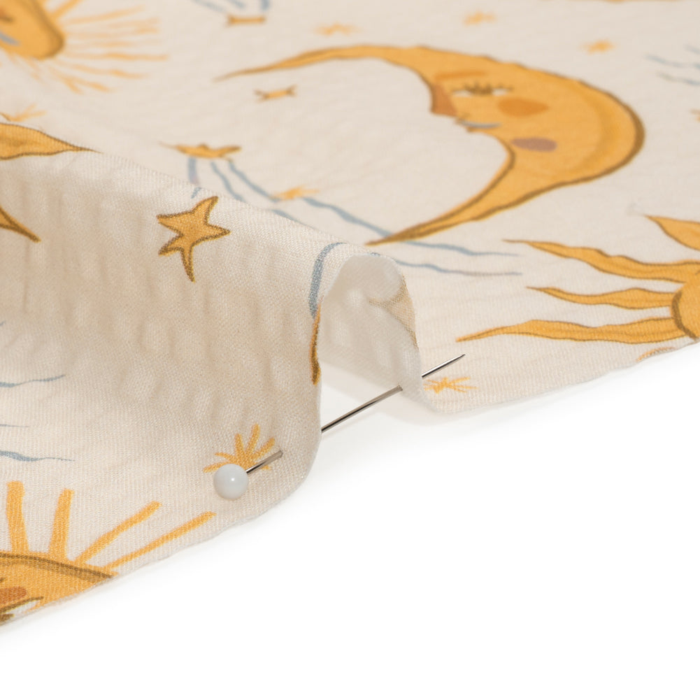 Cotton and Viscose Striped Seersucker Print - Cream Suns and Moons - Mood Exclusive Friendly Faces Detail