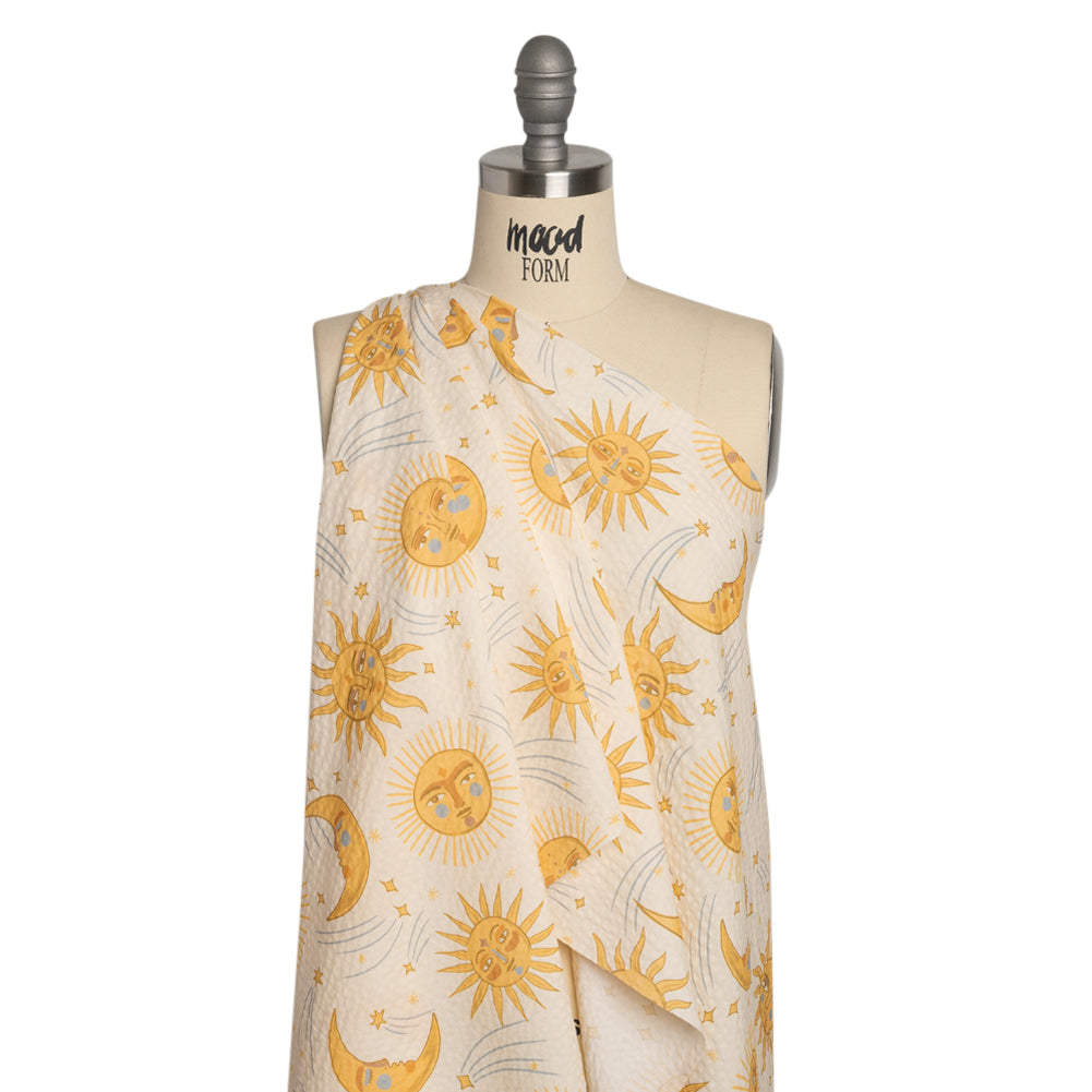 Cotton and Viscose Striped Seersucker Print - Cream Suns and Moons - Mood Exclusive Friendly Faces Drape