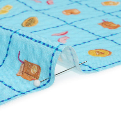 Cotton and Viscose Striped Seersucker Print - Blue Windowpane Checks and Fruit - Mood Exclusive Fruit Juice Jackpot Detail