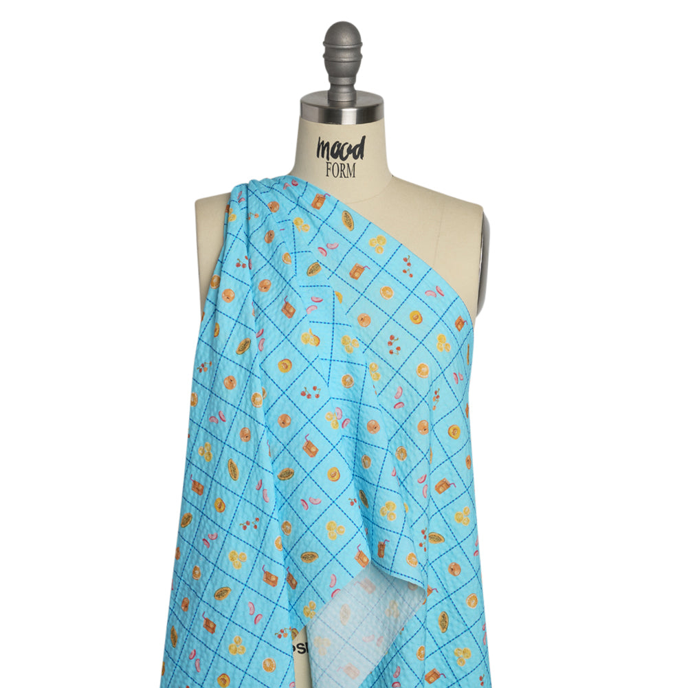 Cotton and Viscose Striped Seersucker Print - Blue Windowpane Checks and Fruit - Mood Exclusive Fruit Juice Jackpot Drape