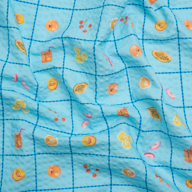 Cotton and Viscose Striped Seersucker Print - Blue Windowpane Checks and Fruit - Mood Exclusive Fruit Juice Jackpot