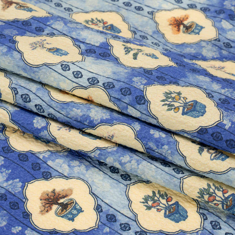 Mood Exclusive Blue Peaceful Trees Stretch Polyester Seersucker Folded
