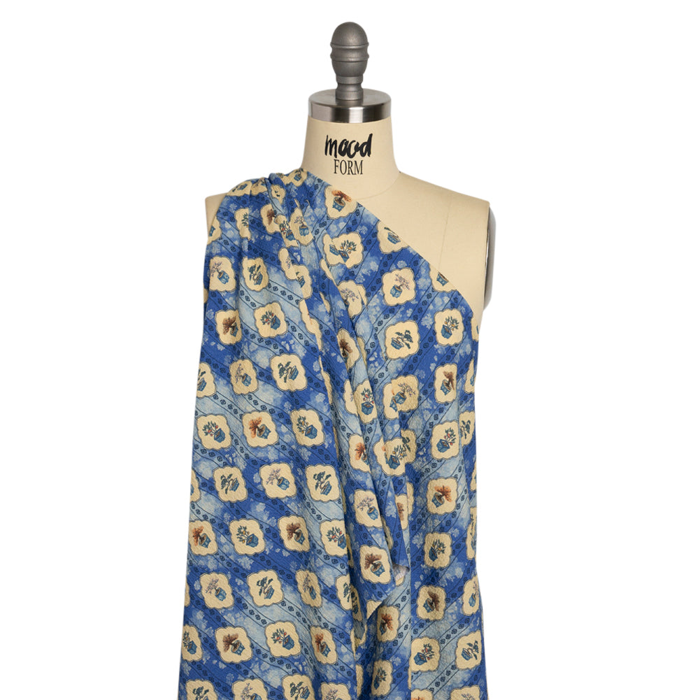 Mood Exclusive Blue Peaceful Trees Stretch Polyester Seersucker Drape