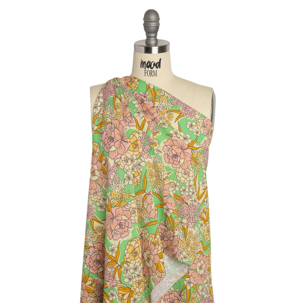 Mood Exclusive Green Cherry Blossom Lessons Stretch Polyester Seersucker Drape