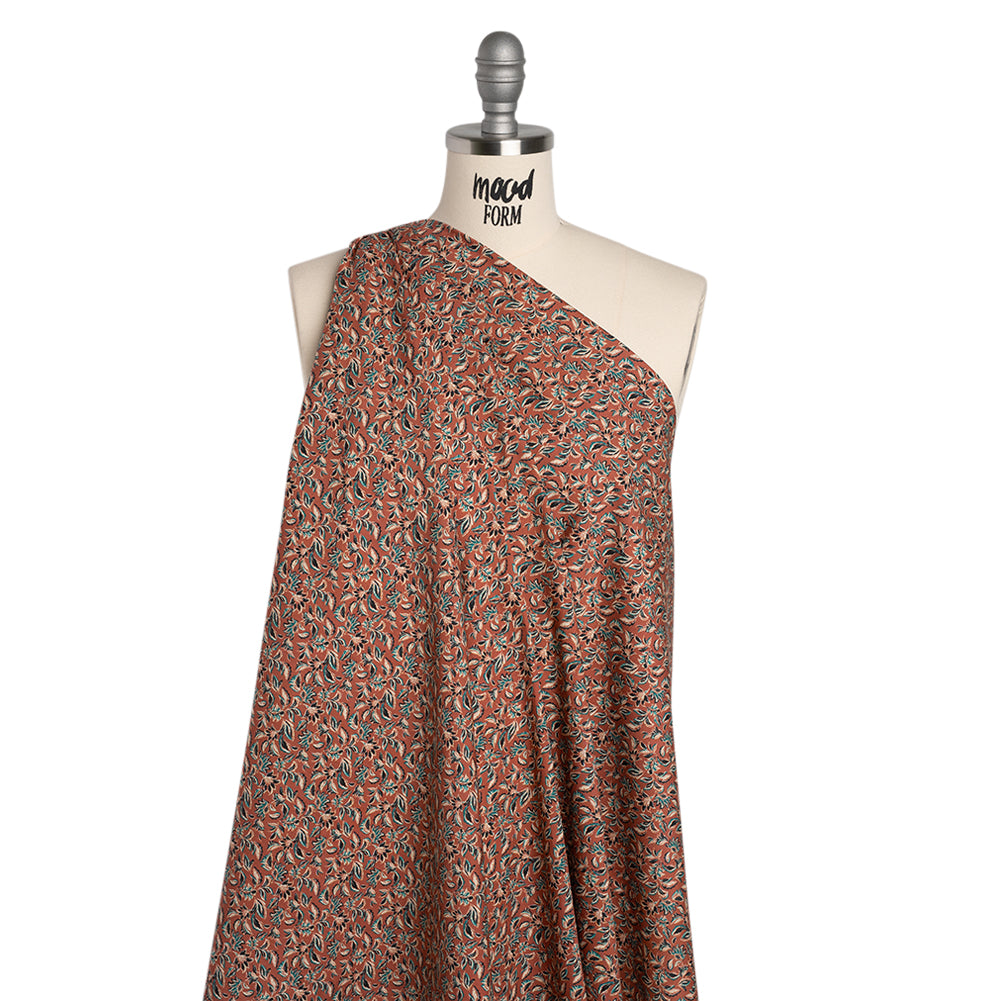 Cotton Poplin Print - Burnt Orange and Teal Leaves - Mood Exclusive Cranberry Corral - Drape