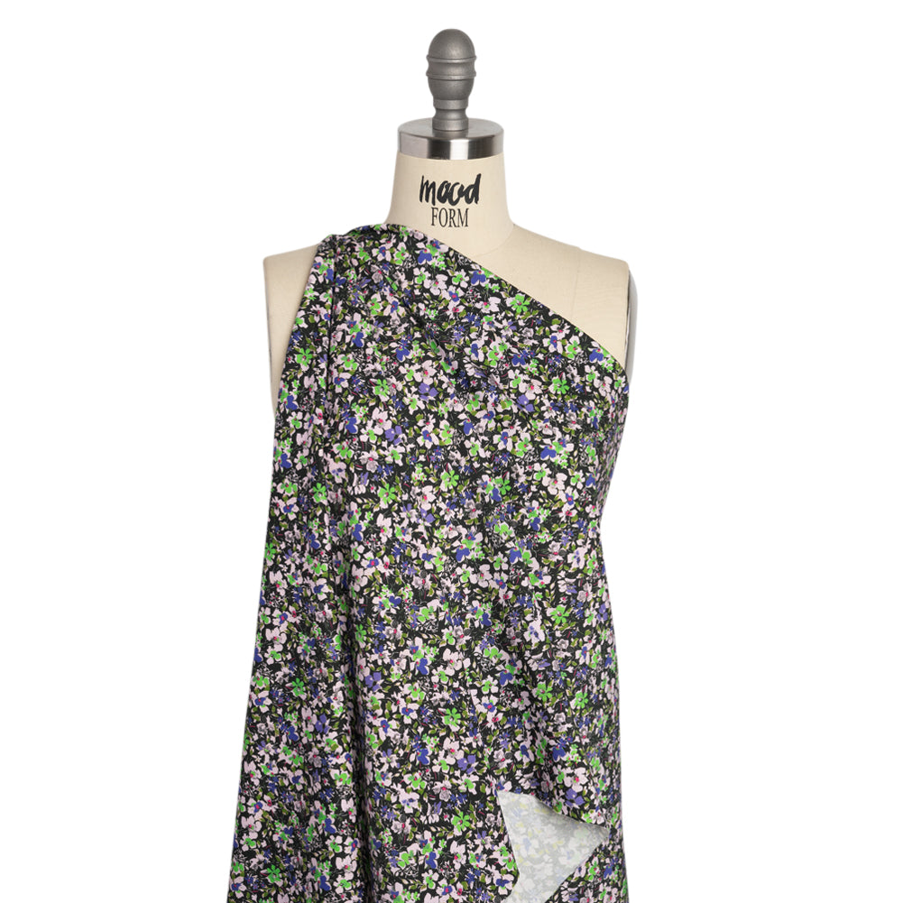 Stretch Cotton and Viscose Sateen Print - Indigo, Lime and Black Floral - Mood Exclusive Meandering at Midnight Detail