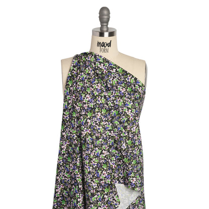 Stretch Cotton and Viscose Sateen Print - Indigo, Lime and Black Floral - Mood Exclusive Meandering at Midnight Detail