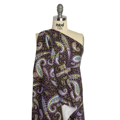 Stretch Cotton and Viscose Sateen Print - Black, Green and Purple Paisley and Leaves - Mood Exclusive Leafy Life Detail