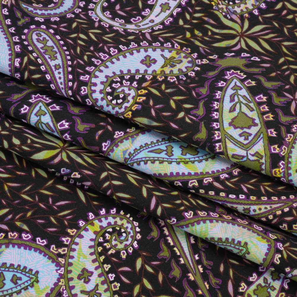 Stretch Cotton and Viscose Sateen Print - Black, Green and Purple Paisley and Leaves - Mood Exclusive Leafy Life Full