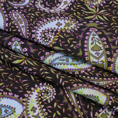 Stretch Cotton and Viscose Sateen Print - Black, Green and Purple Paisley and Leaves - Mood Exclusive Leafy Life Full