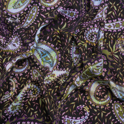 Stretch Cotton and Viscose Sateen Print - Black, Green and Purple Paisley and Leaves - Mood Exclusive Leafy Life