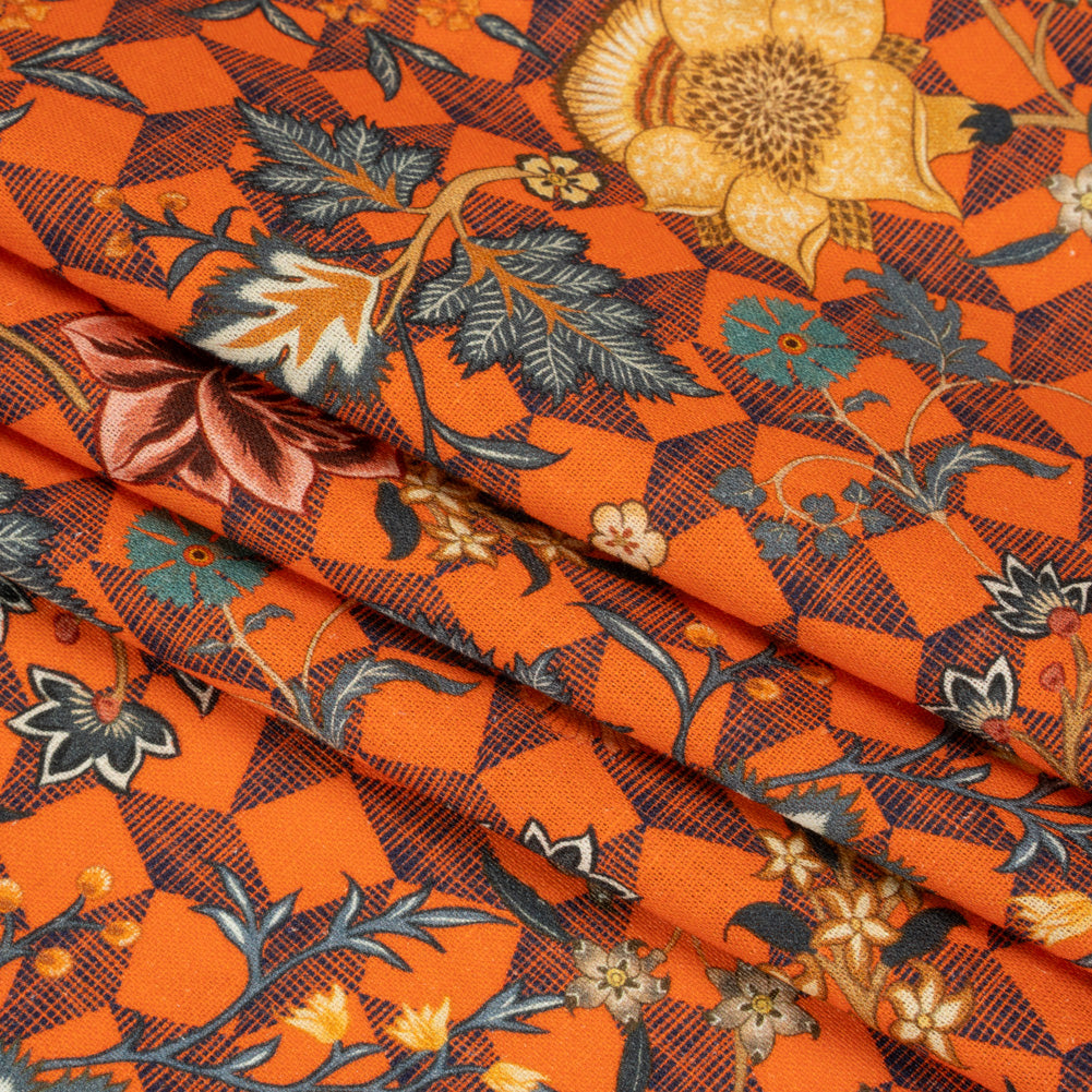 Linen and Rayon Woven Print - Orange and Blue Diamonds and Flowers - Mood Exclusive Rattan Roses Folded