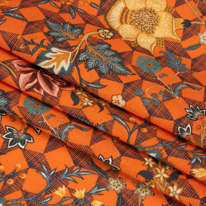 Linen and Rayon Woven Print - Orange and Blue Diamonds and Flowers - Mood Exclusive Rattan Roses Folded