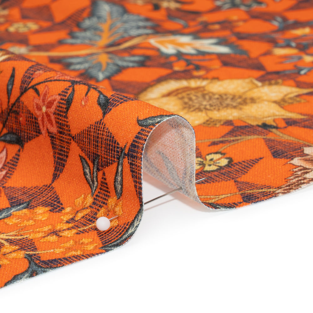 Linen and Rayon Woven Print - Orange and Blue Diamonds and Flowers - Mood Exclusive Rattan Roses Detail