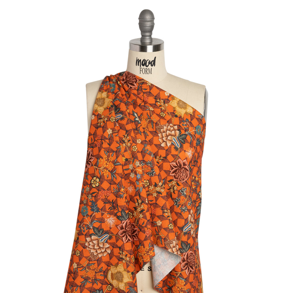 Linen and Rayon Woven Print - Orange and Blue Diamonds and Flowers - Mood Exclusive Rattan Roses Drape