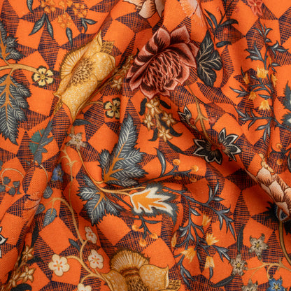 Linen and Rayon Woven Print - Orange and Blue Diamonds and Flowers - Mood Exclusive Rattan Roses
