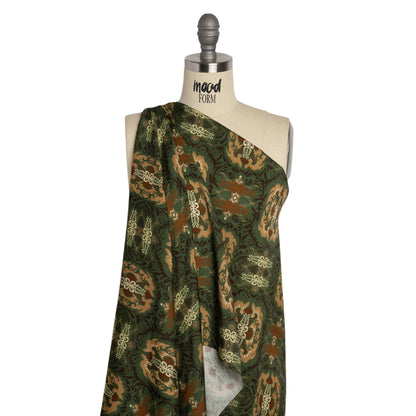 Viscose Twill Print - Green and Tan Leafy Ikat Medallions - Mood Exclusive Acacia Arena Detail