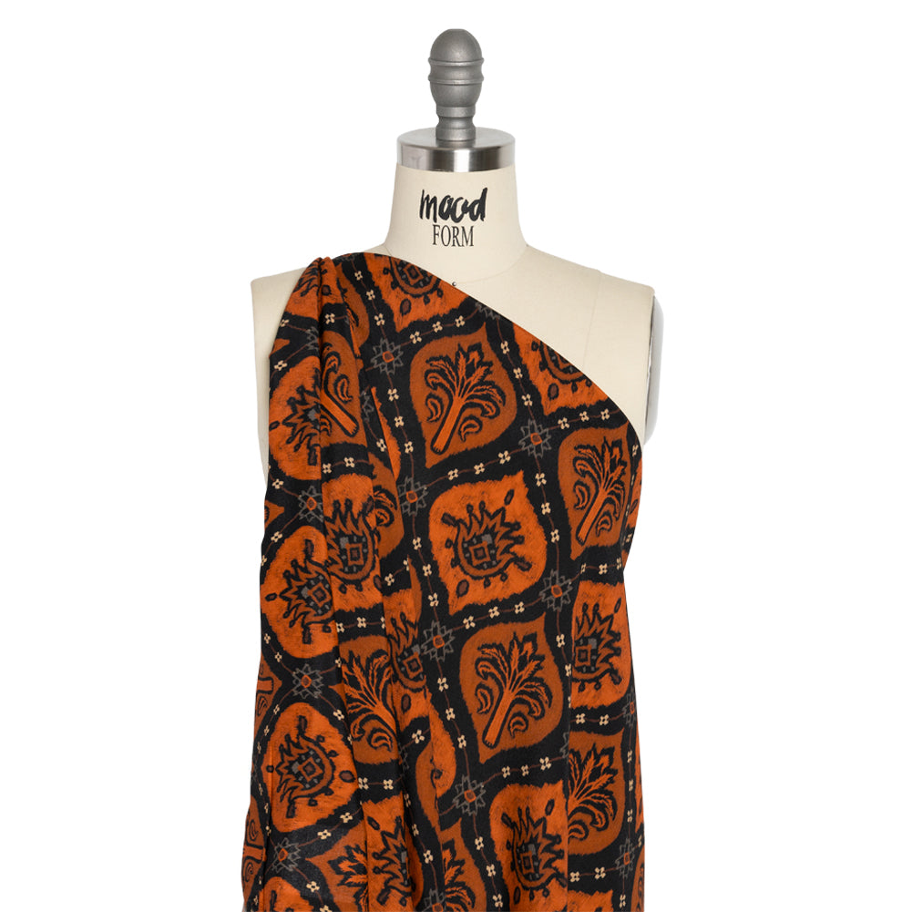 Sustainable Viscose Crepe Print - Orange and Black Floral Ogees - Mood Exclusive Salem Surroundings Drape